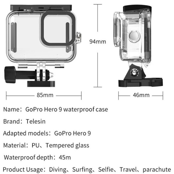TELESIN Waterproof Housing Case 45M for GoPro Hero 12/11/10/9 Action Cameras - Picture 7 of 13